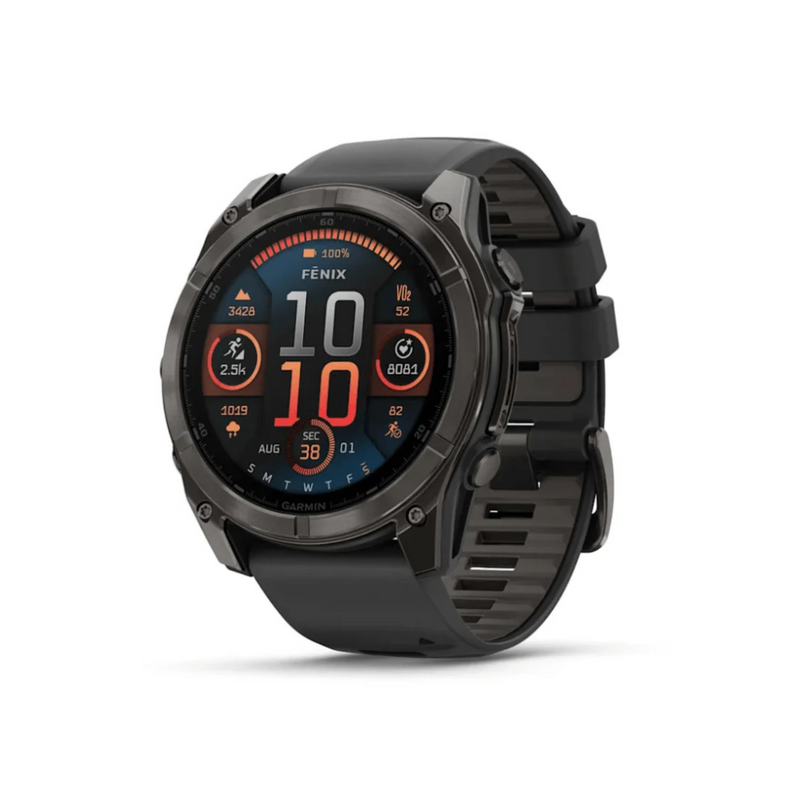 Pulso com GPS Garmin Fenix 8X Safira Solar (2026) Carbon Gray DLC Titânio com pulseira de silicone preta/cinza