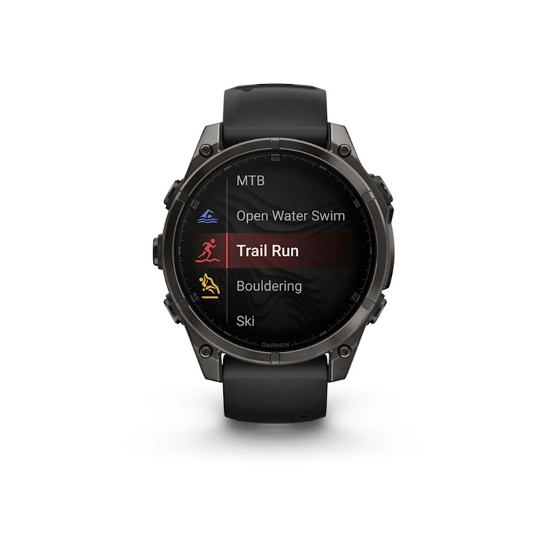 Pulso com GPS Garmin Fenix 8X Safira Solar (2026) Carbon Gray DLC Titânio com pulseira de silicone preta/cinza