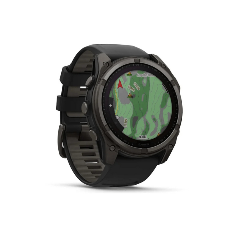 Pulso com GPS Garmin Fenix 8X Safira Solar (2026) Carbon Gray DLC Titânio com pulseira de silicone preta/cinza